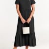 Women's Summer Casual Short Sleeve Crewneck Swing Dress Flowy Tiered Maxi Beach Dress with Pockets