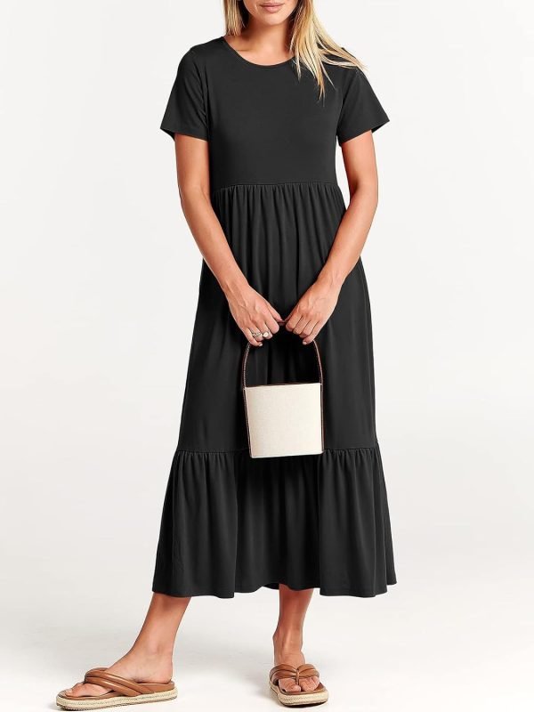 Women's Summer Casual Short Sleeve Crewneck Swing Dress Flowy Tiered Maxi Beach Dress with Pockets