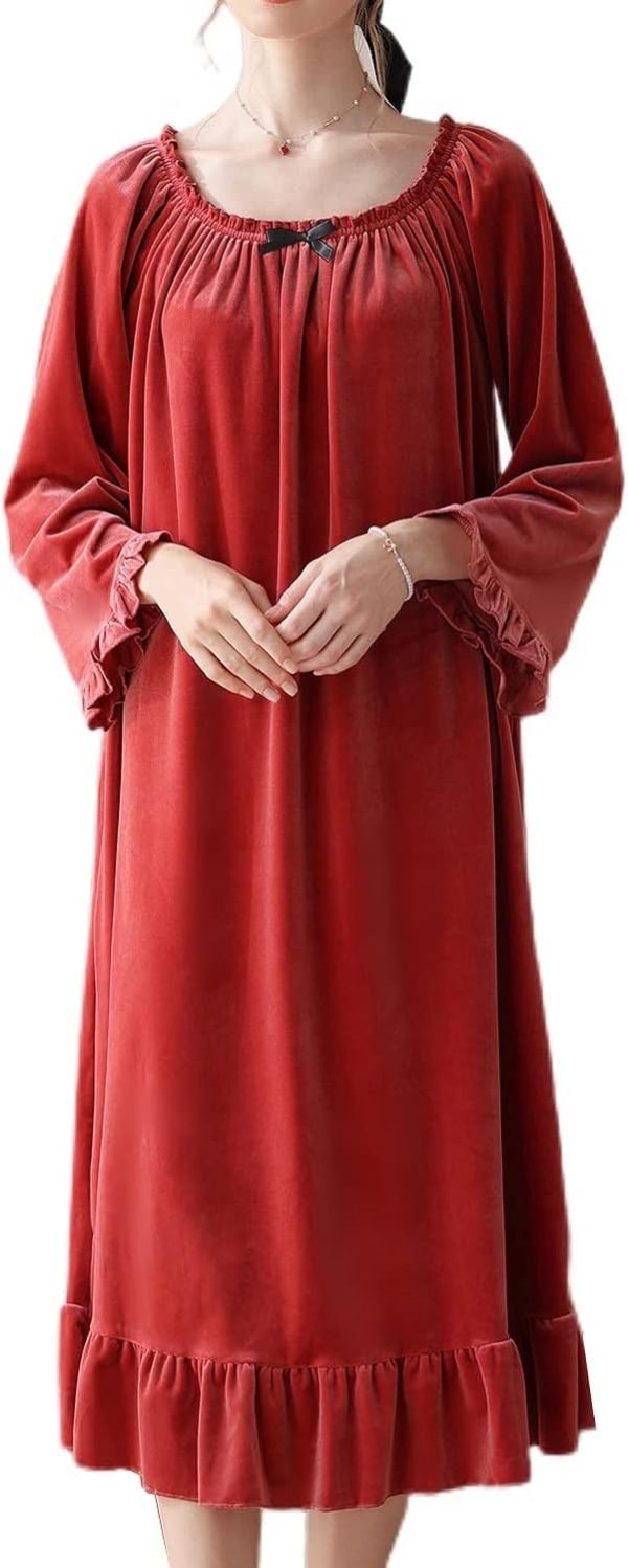 Women's Long Sleeve Nightgown Velvet Sleep Dress Ruffle Crew Neck Mid-length Nightdress