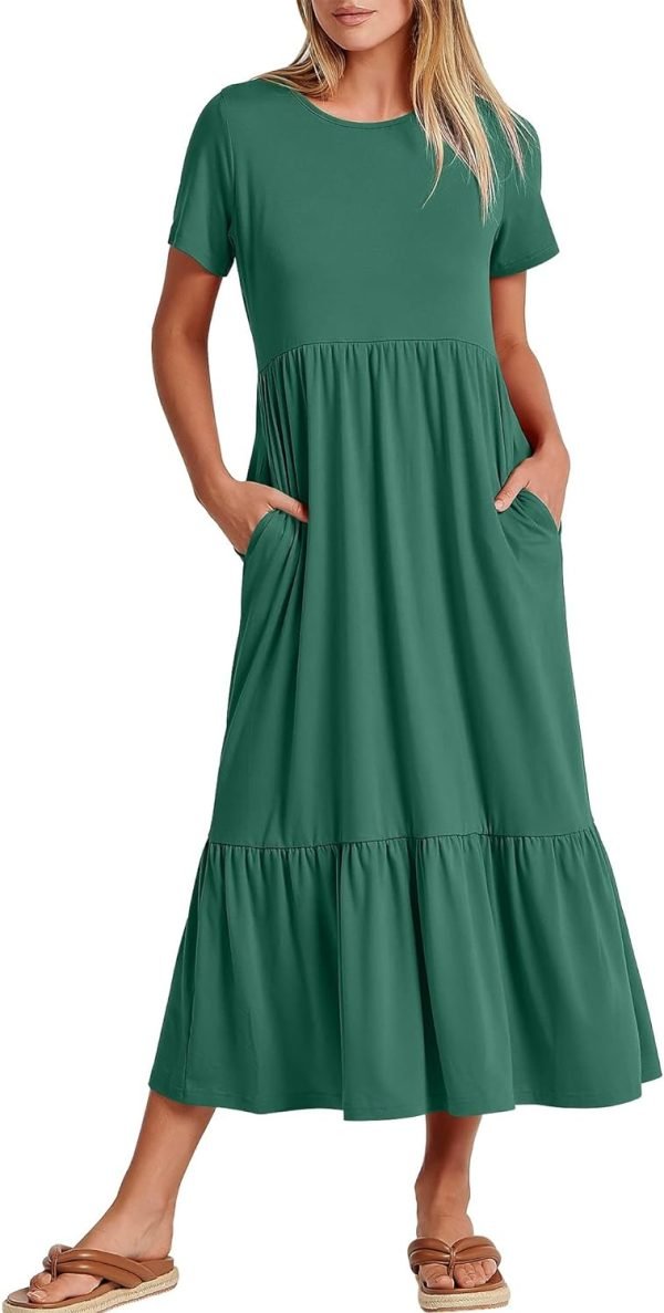 Women's Summer Casual Short Sleeve Crewneck Swing Dress Flowy Tiered Maxi Beach Dress with Pockets