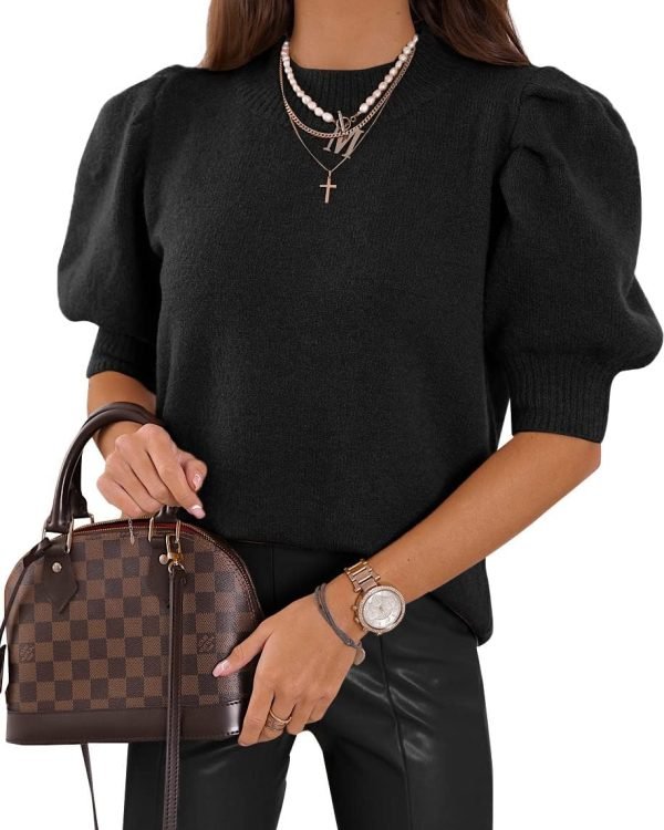 61DPbQ59lVL._AC_SL1145 Women's Puff Short Sleeve Sweaters 2024 Fashion Spring Tops Casual Pullover Shirts