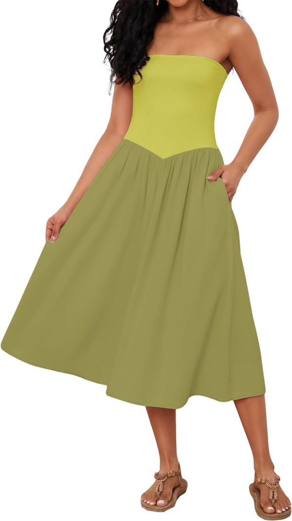 Women Off Shoulder Midi Dress Strapless Sleeveless Drop-Waist A Line Tube Dress Trendy Summer Swing Patchwork Dress