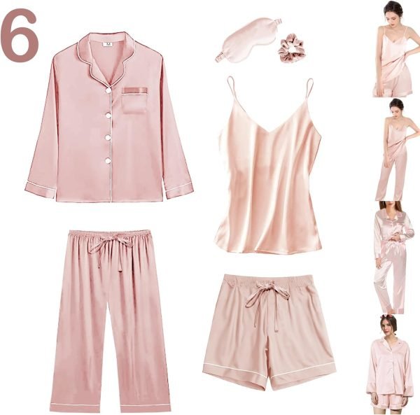 6Pcs Womens Silk Satin Pajama Sets Pj Sets Long Pjs Set Pajamas Sleepwear Camisole Sexy Cami