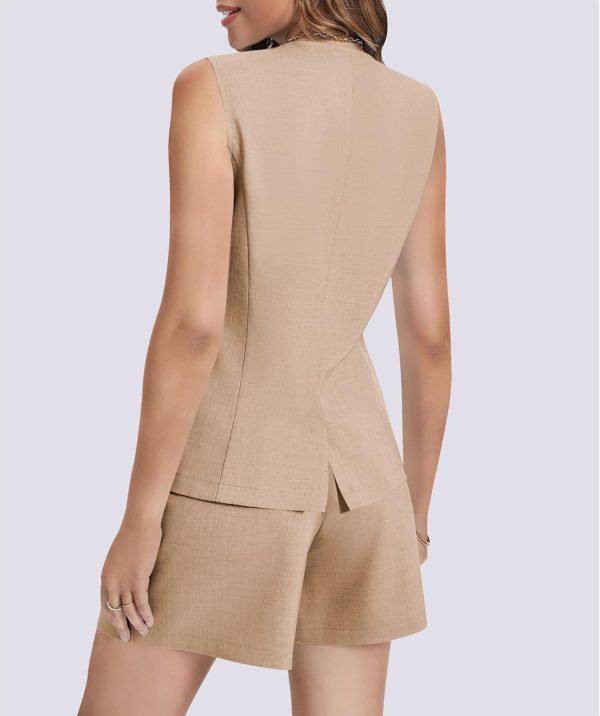 61GAGyu9aCL._AC_SL1500 Women's Summer 2 Piece Outfits Sleeveless Round Neck Button Down High Waisted Pants 2024 Business Work Sets