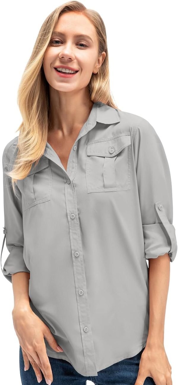 61JGmu06EAL._AC_SL1500 Women's Quick Dry Sun UV Protection Convertible Long Sleeve Safari Shirts for Hiking Camping Fishing Sailing