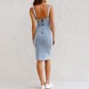 Women's Sleeveless Bodycon Denim Tank Dress Scoop Neck Zip Up Side Slit Stretchy Wrap Club Party Jean Midi Dresses