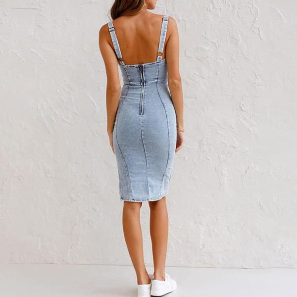 Women's Sleeveless Bodycon Denim Tank Dress Scoop Neck Zip Up Side Slit Stretchy Wrap Club Party Jean Midi Dresses