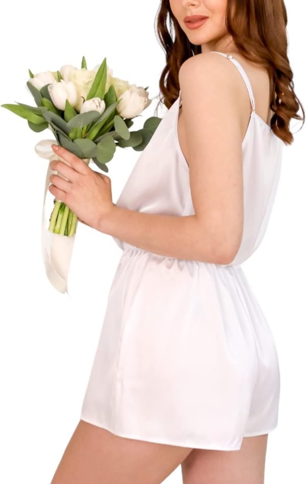 61KTt7xqWGL._AC_SL1500 Women’s White Lace Romper- Comfy Vegan Silk One Piece Pajama With Shorts