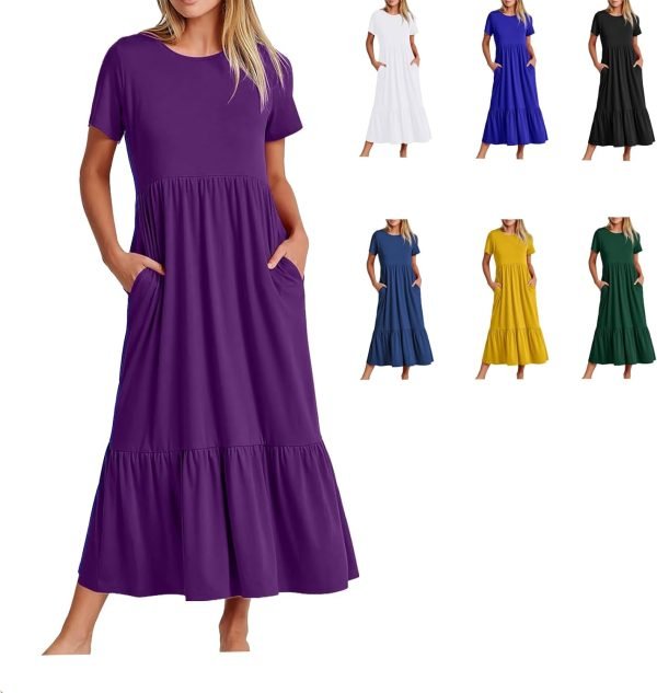 Womens Summer Dresses Casual Short Sleeve Crewneck Swing Dress Casual Tiered t Shirt Dress with Pockets 2024 Trendy Outfits