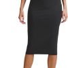 Women Office Work Pencil Skirts Stretchy High Waist Tummy Control Nylon Midi Bodycon Skirts Below Knee Back Slit