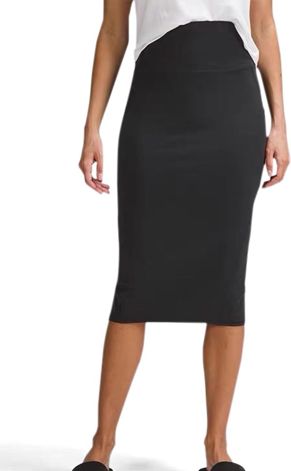 Women Office Work Pencil Skirts Stretchy High Waist Tummy Control Nylon Midi Bodycon Skirts Below Knee Back Slit