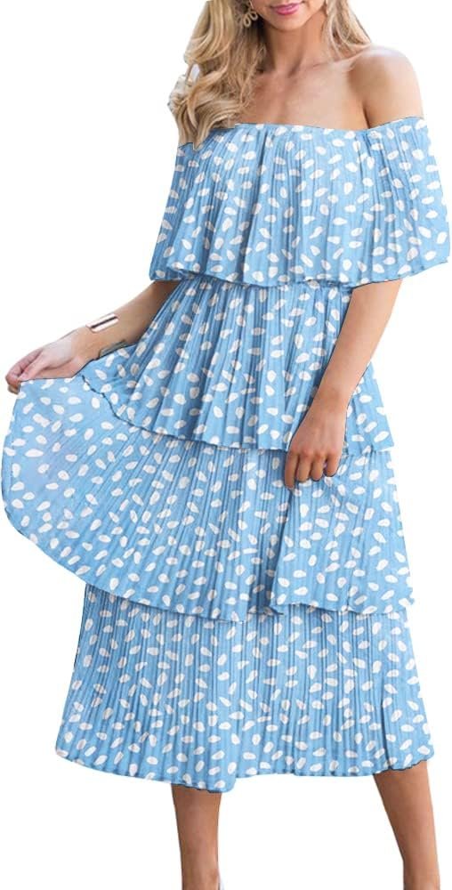 Women's Off The Shoulder Ruffles Summer Valentines Day Loose Casual Chiffon Long Party Beach Maxi Dress