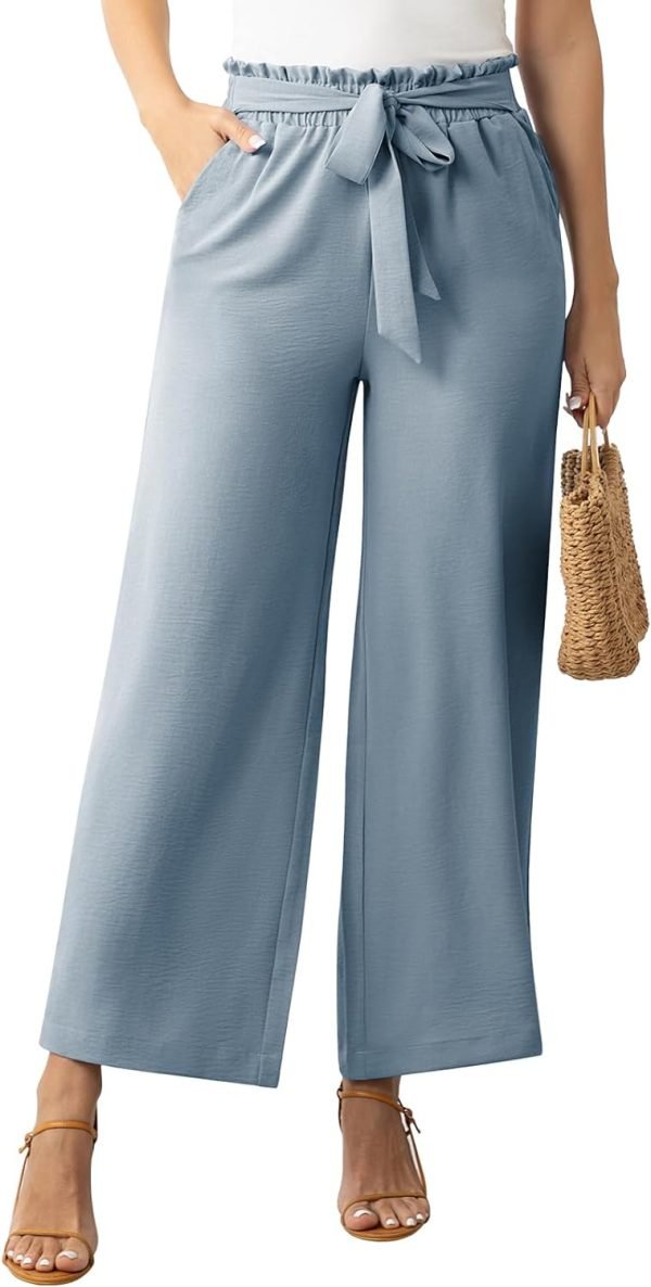 Womens Wide Leg Lounge Pants High Waisted Business Work Casual Pants Adjustable Tie Knot Loose Trousers with Pocket