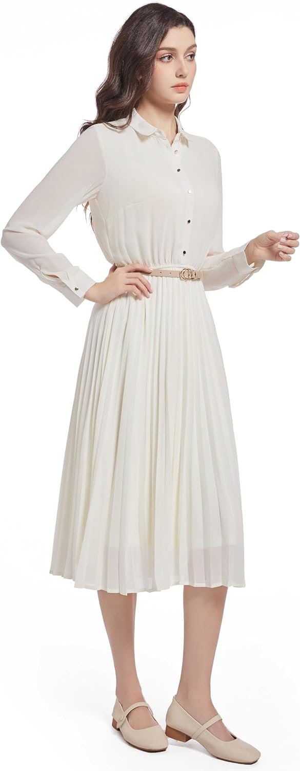 Business Casual Shirt Dress for Women Long Sleeves Pleated Midi Dresses with Belt