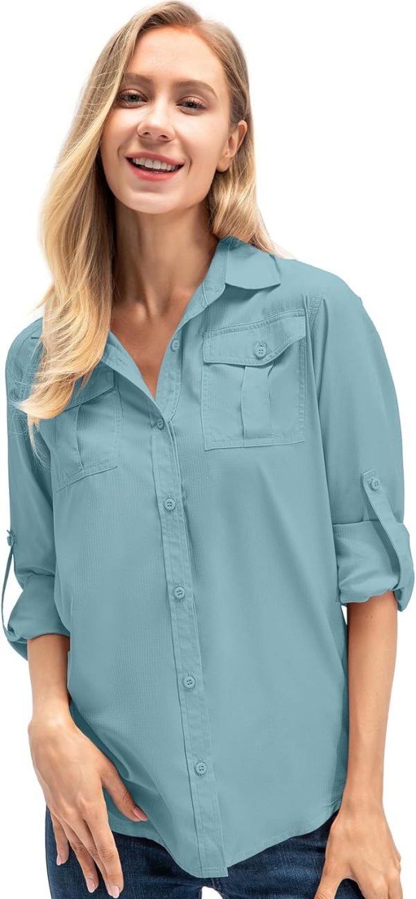 61SiZjnpCoL._AC_SL1500 Women's Quick Dry Sun UV Protection Convertible Long Sleeve Safari Shirts for Hiking Camping Fishing Sailing