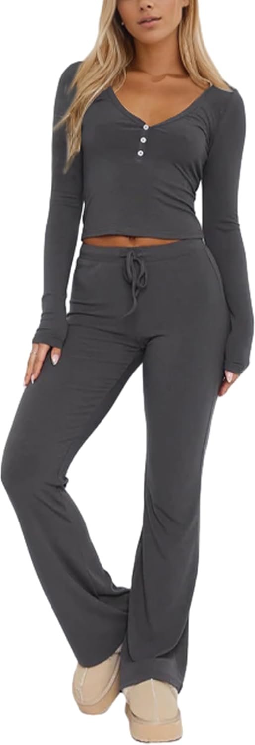 61SmQ2pSYNL._AC_SL1500 Women Ribbed Knit Yoga Lounge Set V Neck Long Sleeve Button Crop Tee Drawstring Pants Solid Slim Two Pieces Sets