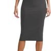 Women Office Work Pencil Skirts Stretchy High Waist Tummy Control Nylon Midi Bodycon Skirts Below Knee Back Slit