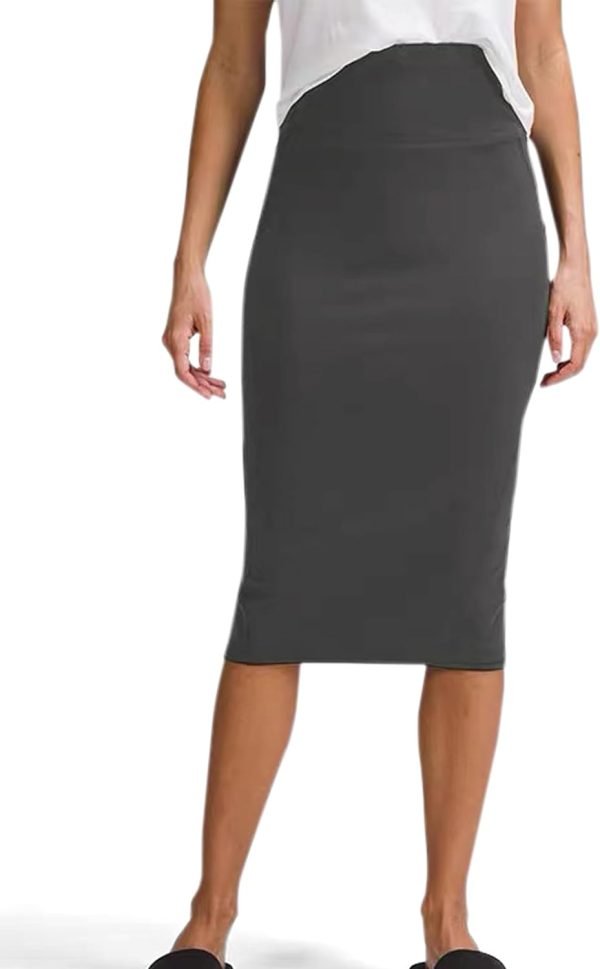 Women Office Work Pencil Skirts Stretchy High Waist Tummy Control Nylon Midi Bodycon Skirts Below Knee Back Slit