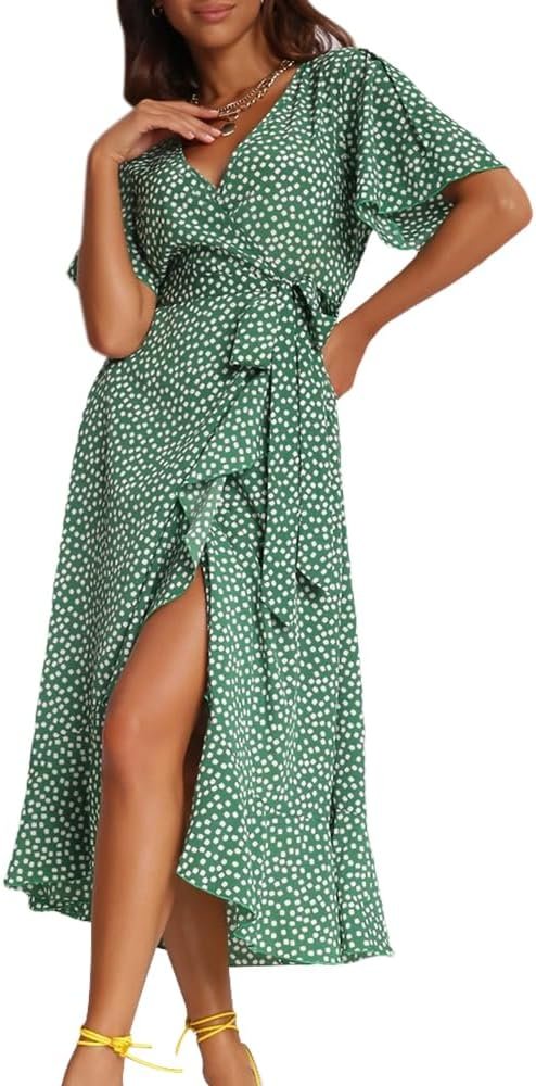 Women's Short Sleeve Satin Dress Button Down with Belt Maxi Shirt Dresses