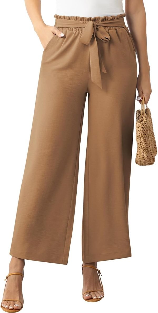 Womens Wide Leg Lounge Pants High Waisted Business Work Casual Pants Adjustable Tie Knot Loose Trousers with Pocket