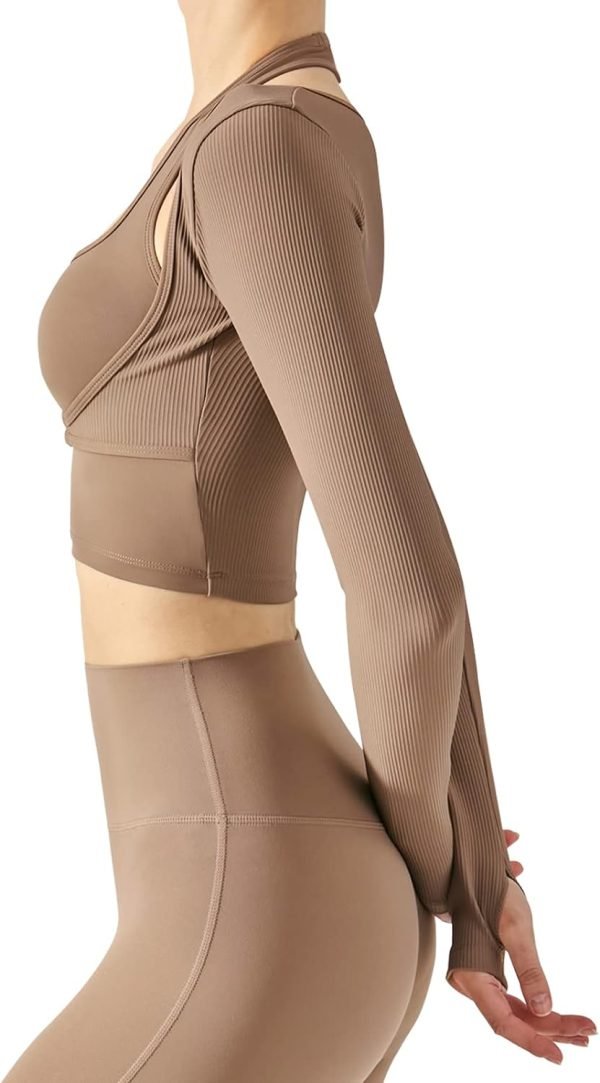 61_mGdIKFhL._AC_SL1500 Women's Stretch Cutout Yoga Sports Jacket Long Sleeve Crop Top T Shirts with Thumb Holes
