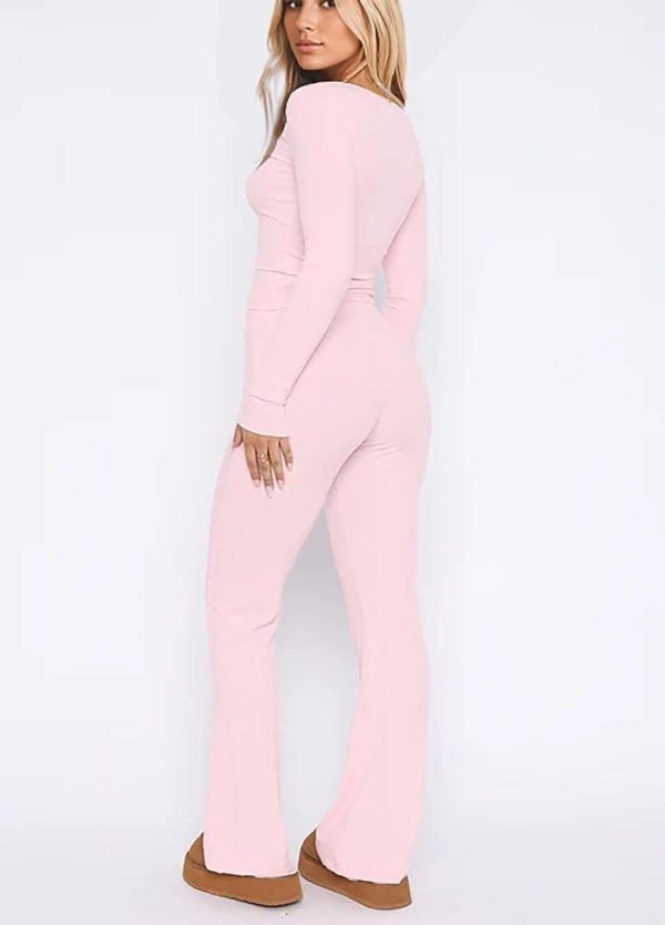 61aKKL6nBiL._AC_SL1500 Women Ribbed Knit Yoga Lounge Set V Neck Long Sleeve Button Crop Tee Drawstring Pants Solid Slim Two Pieces Sets