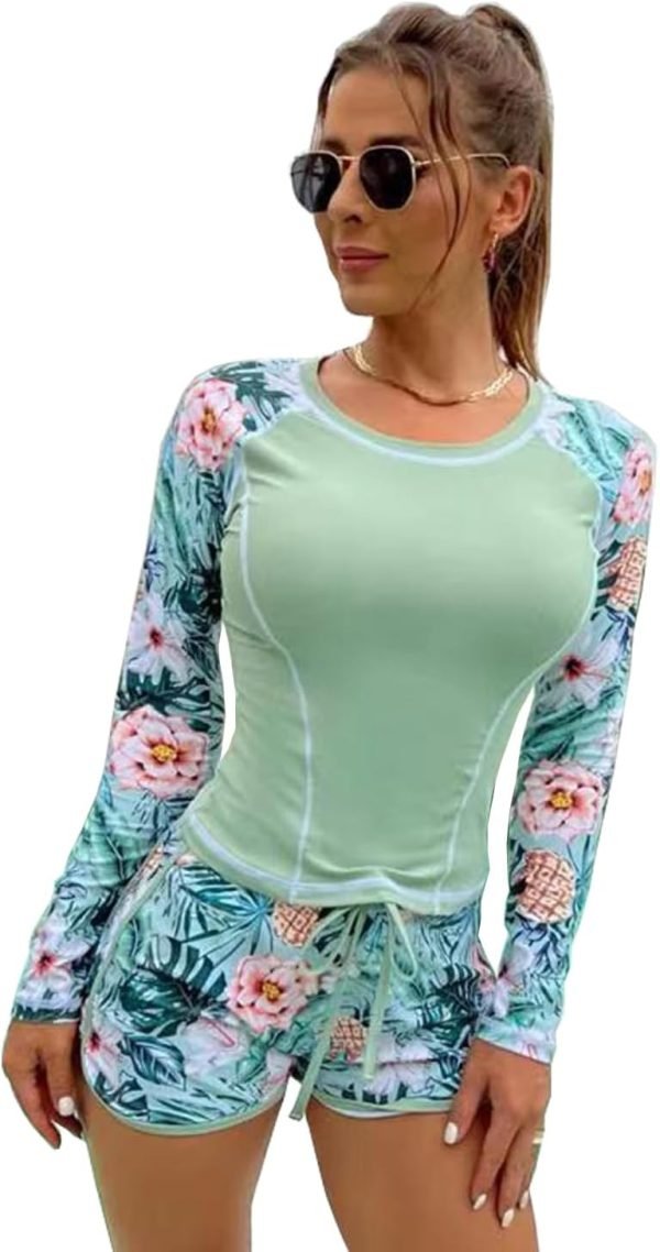 Women's Long Sleeves Rash Guard Athletic Swim Aztec Tankini Sets Swimsuit