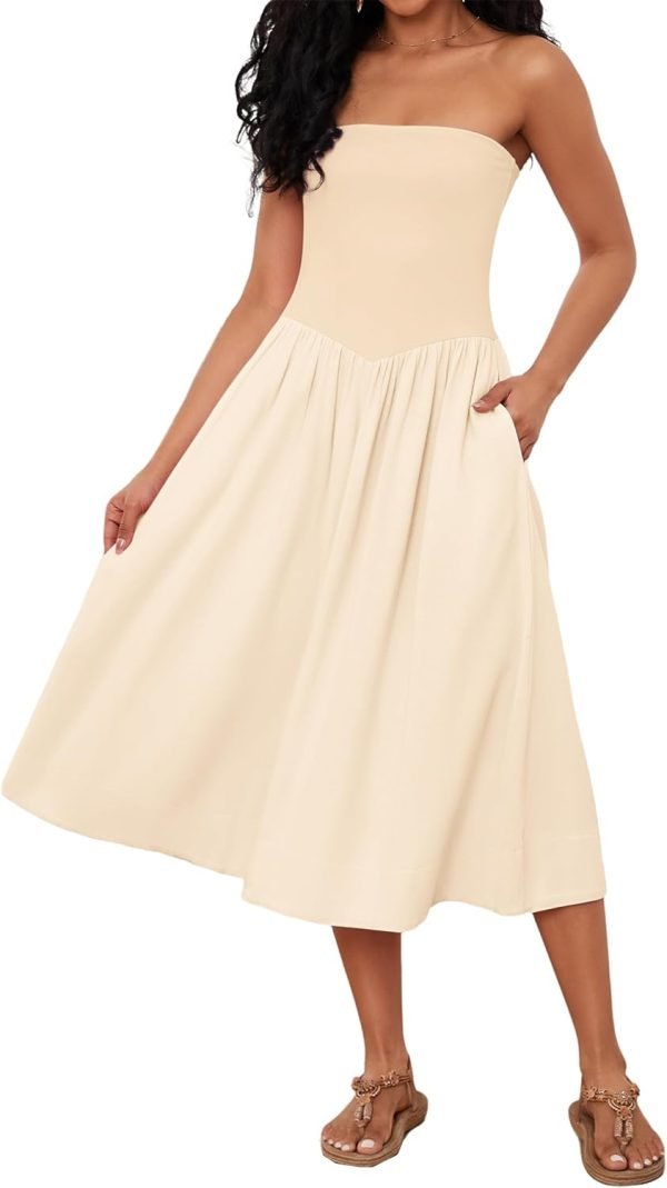 Women Off Shoulder Midi Dress Strapless Sleeveless Drop-Waist A Line Tube Dress Trendy Summer Swing Patchwork Dress