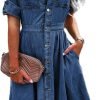 Women Denim Shirt Dress V Neck Short Sleeve Long Bottom Down A-Line Jeans Dresses with Pockets