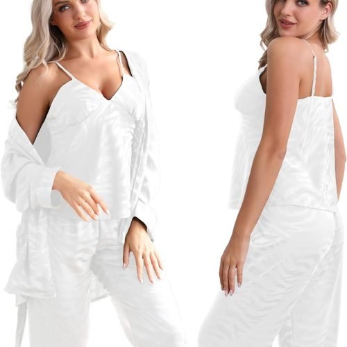 Womens Silk Satin Pajama Sets,Zebra Strips Comfy Robe and Pants Women Pajamas,Silky Camisole Woman Pjs Set 3 Pieces