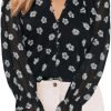 Womens Casual Boho Floral Print V Neck Long Sleeve Blouses Button Down Shirts Dressy Chiffon Loose Ruffle Tops
