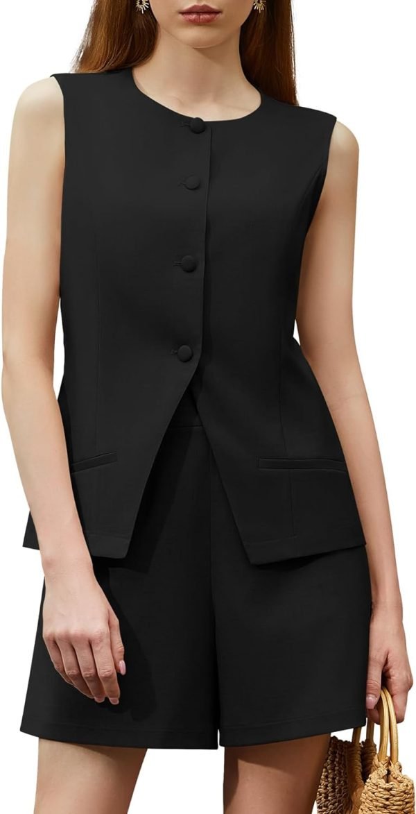 61emiwTjiRL._AC_SL1500 Women's Summer 2 Piece Outfits Sleeveless Round Neck Button Down High Waisted Pants 2024 Business Work Sets