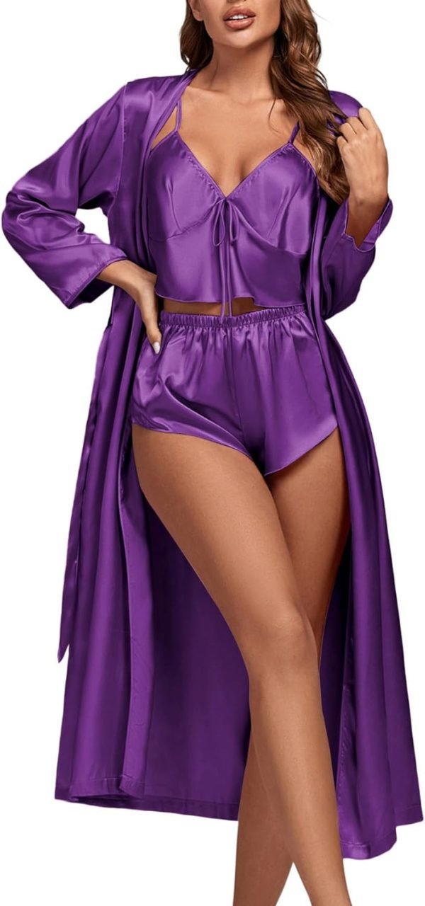 61fVBbL4g-L._AC_SL1500 Women's 3Pcs Pajamas Satin Cami Top and Shorts with Robe Sleepwear Set