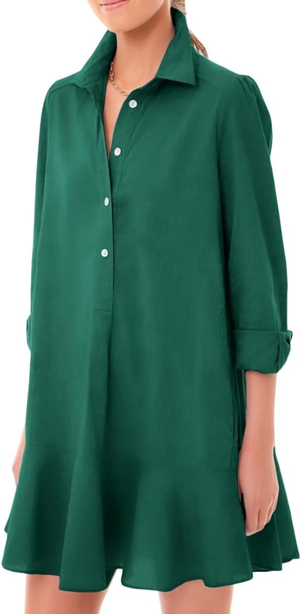 61fjWqSQQ_L._AC_SL1500 Women's Tunic Mini Shirt Dress Cotton Long Sleeve Ruffle Hem Dress Button Up Shift Chambray Dresses