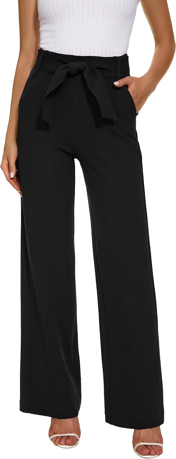 Wide Leg Stretchy Pants for Women Business Casual Pants Dress Pants with Pockets Self Tie Belted