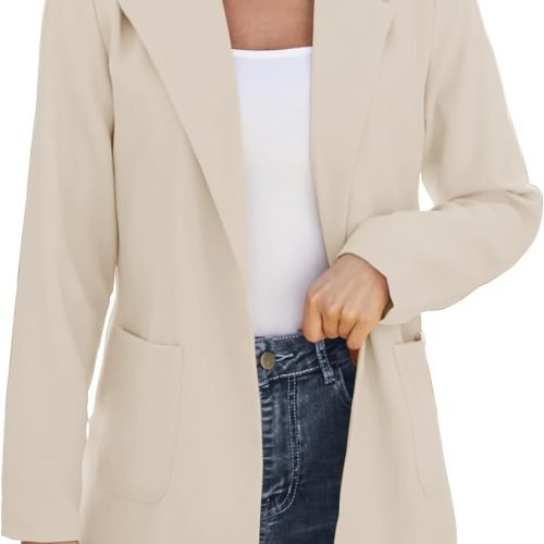 Women Open Front Blazers Long Sleeve Casual OL Office Slim Buttonless Suit Jacket with Pockets