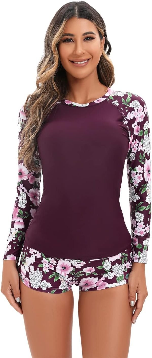 61io7gB03FL._AC_SL1500 Women 2 Piece Rash Guard Long Sleeve Swimsuits Swim Shirt with Shorts Set Sun Protection UPF 50+ Surf Bathing Suits