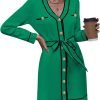 Pink Queen Women's V Neck Long Sleeve Mini Dress Elegant Button Down Open Front Color Block Knit Sweater Cardiagns with Belt