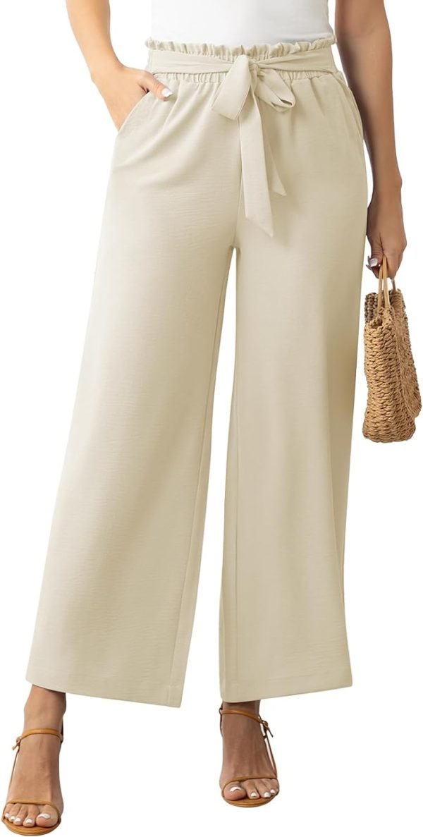 Womens Wide Leg Lounge Pants High Waisted Business Work Casual Pants Adjustable Tie Knot Loose Trousers with Pocket