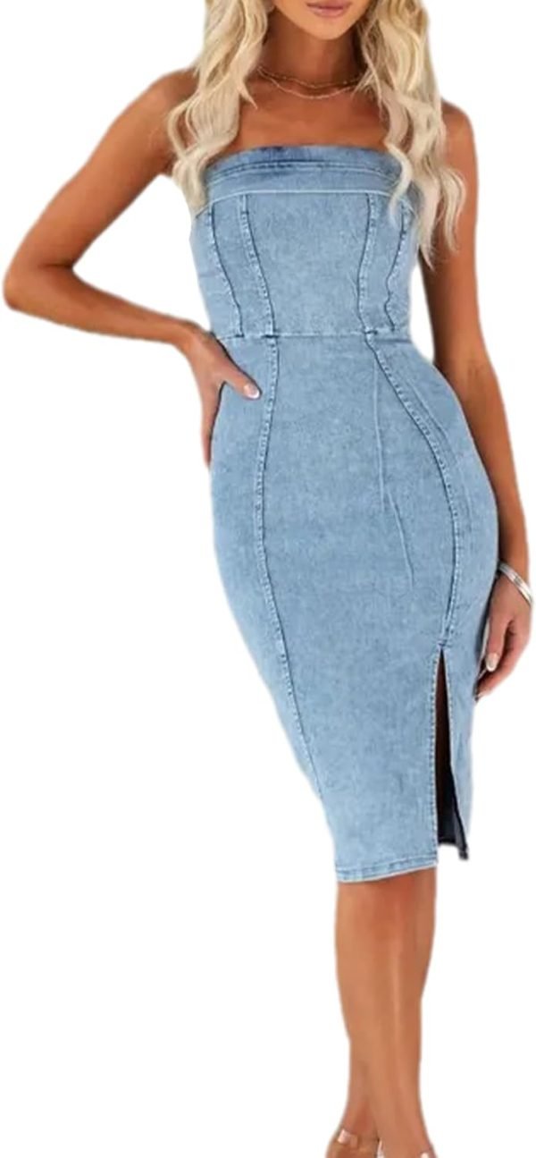 Women's Sleeveless Bodycon Denim Tank Dress Scoop Neck Zip Up Side Slit Stretchy Wrap Club Party Jean Midi Dresses