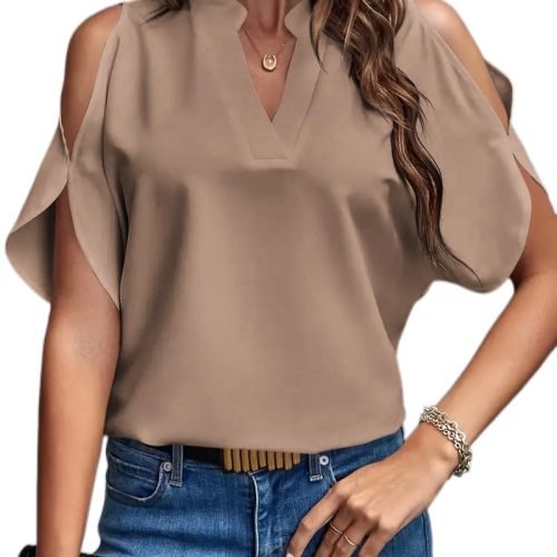 Women's Cold Shoulder Tops Summer Fashion Short Sleeve V Neck Casual Loose Solid Color Blouse Shirts