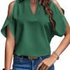 Women's Cold Shoulder Tops Summer Fashion Short Sleeve V Neck Casual Loose Solid Color Blouse Shirts
