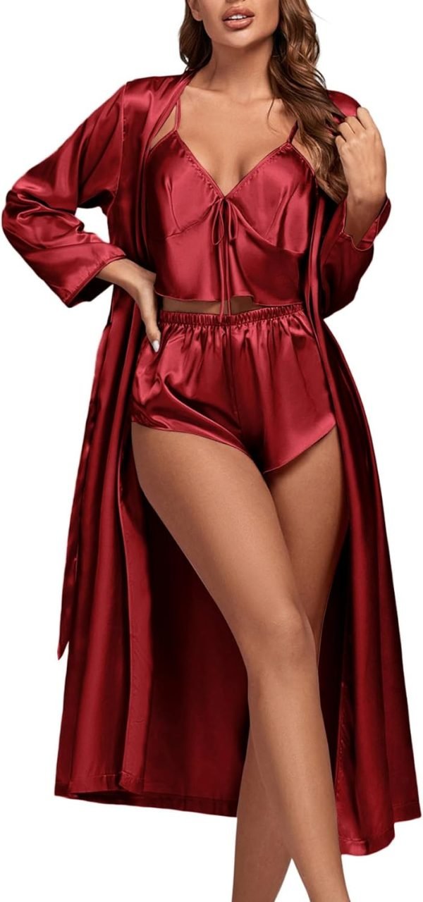 61rEZeXwOnL._AC_SL1500 Women's 3Pcs Pajamas Satin Cami Top and Shorts with Robe Sleepwear Set
