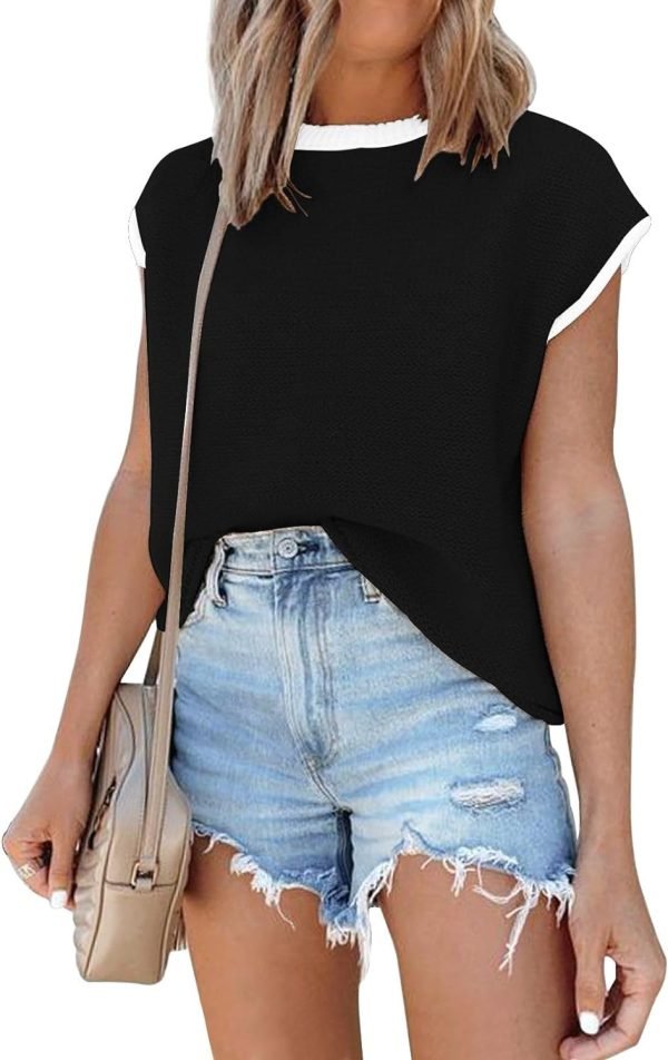Womens Cap Sleeve Sweater Vest Summer Tops Sleeveless Tank Tops 2024 Trendy Spring Clothes Striped Short Sleeve Shirts