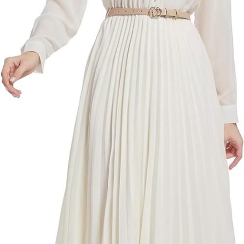 61uOhKPkBbL._AC_SL1500 Business Casual Shirt Dress for Women Long Sleeves Pleated Midi Dresses with Belt