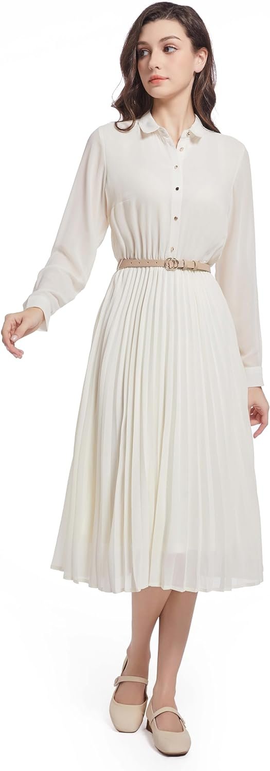 Business Casual Shirt Dress for Women Long Sleeves Pleated Midi Dresses with Belt