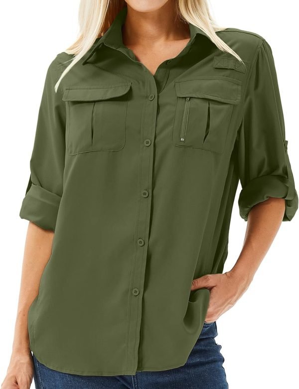 61uhtaFHLdL._AC_SL1500 Women's UPF 50+ Long Sleeve UV Sun Protection Safari Shirt, Quick Dry SPF Hiking Fishing Breathable Shirts