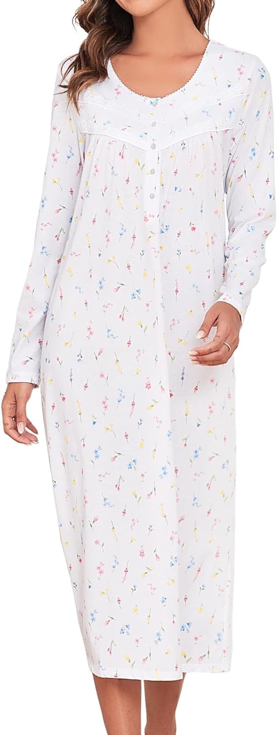 Long Cotton Nightgown Women's Long Sleeve Sleepwear Full Length Night Dress Soft Comfy Loungewear