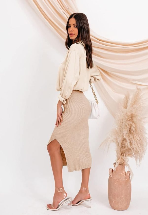 Midi Pencil Basic Skirt Casual Solid Split Side Stretchy Ribbed Knit Bodycon Mid Length Skirts for Women