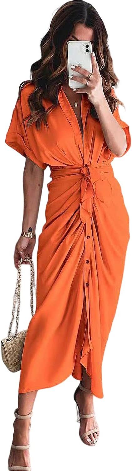 Women's Short Sleeve Satin Dress Button Down with Belt Maxi Shirt Dresses